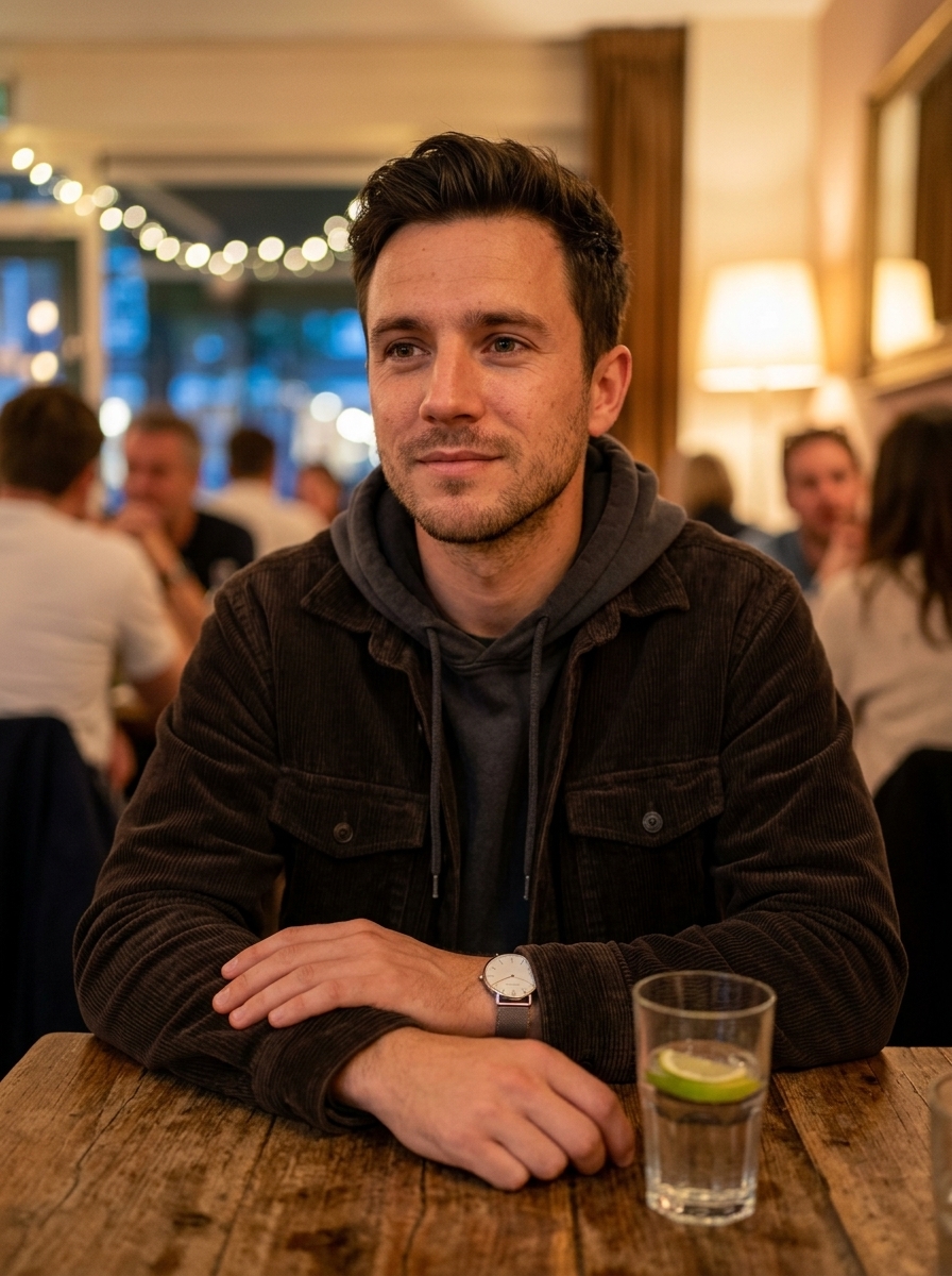 AI-generated concept photo of a man in a cozy evening restaurant