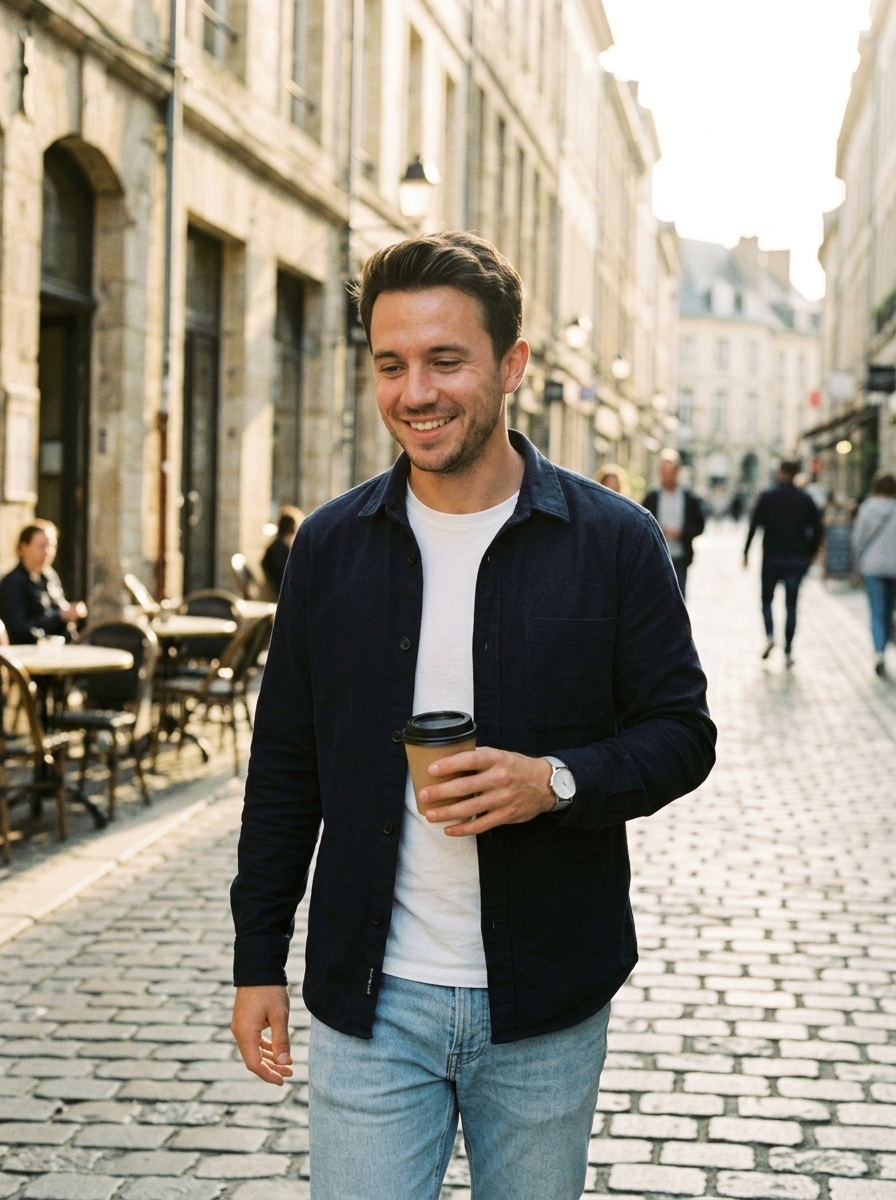 AI-generated concept photo of a man enjoying coffee on a city street