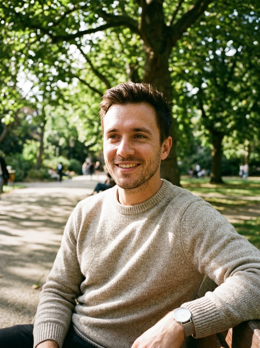 AI-generated concept photo of a man smiling in a sunny park