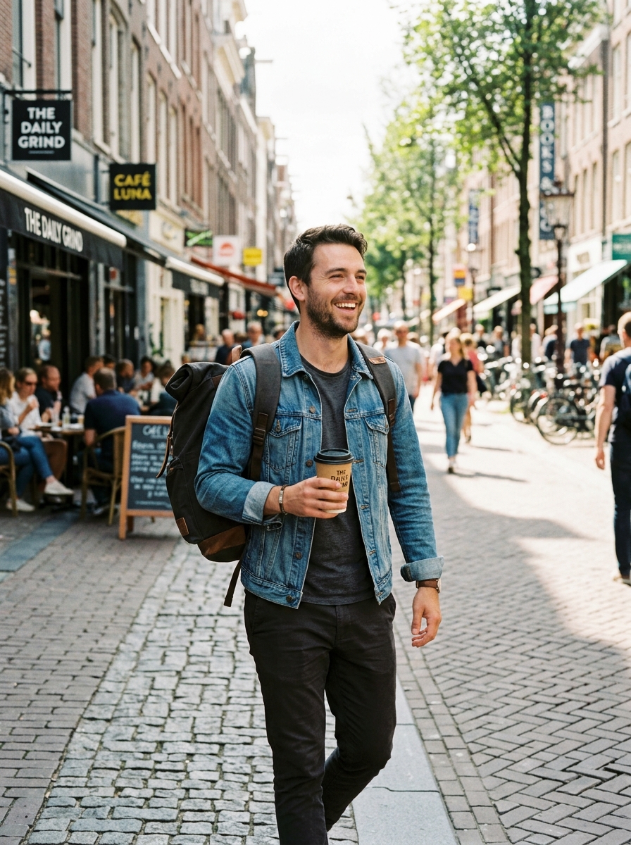 Synthetic coffee run lifestyle scene